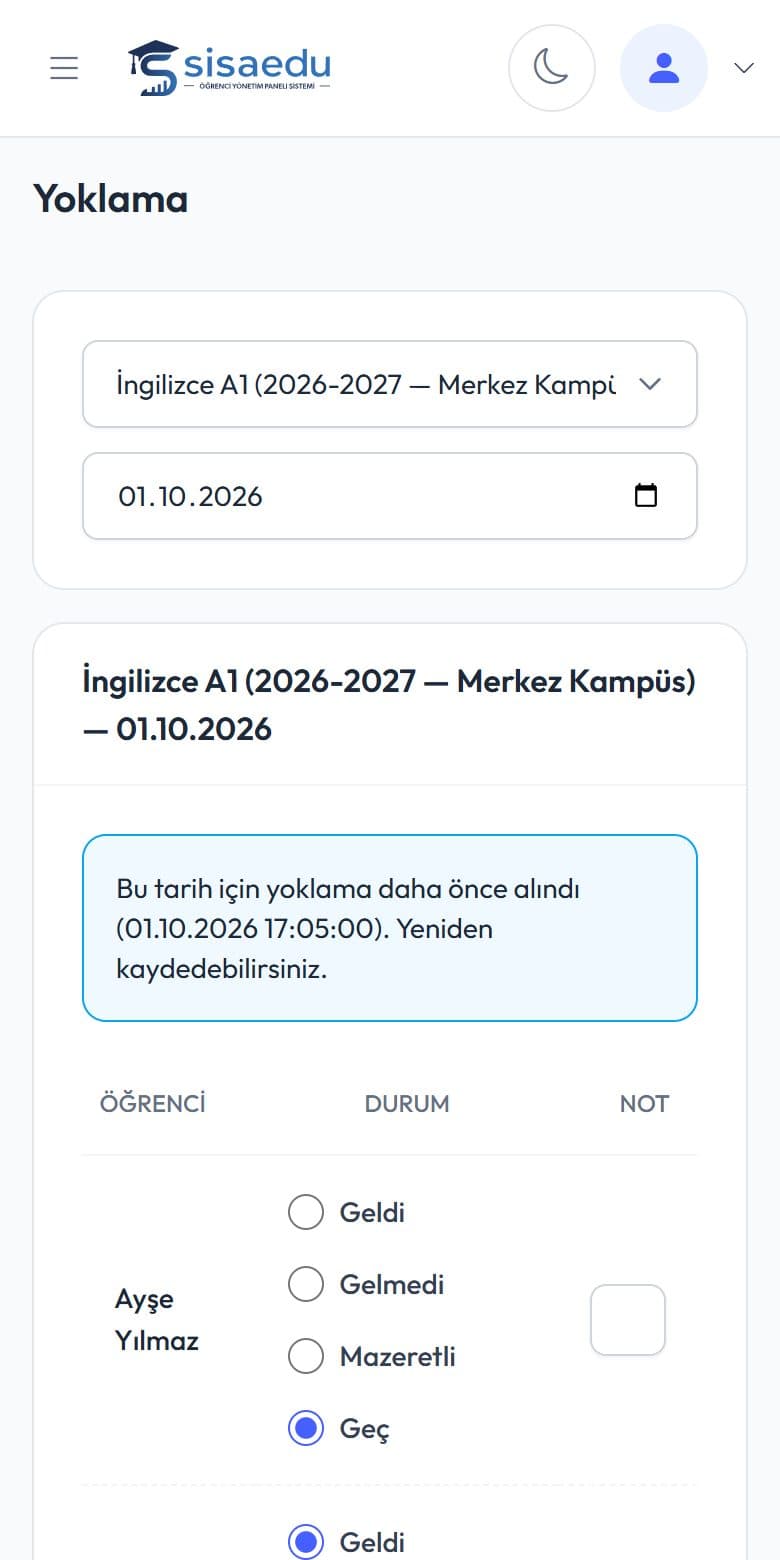 Sisaedu App mobil yoklama ekranı